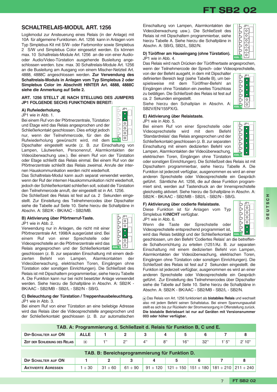 Ft sb2 02, Schaltrelais-modul art. 1256 | Comelit FT SB2 02 User Manual | Page 7 / 16