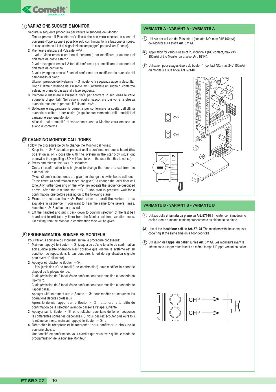 Variazione suonerie monitor, Changing monitor call tones, Programmation sonneries moniteur | Comelit FT SB2 07 User Manual | Page 10 / 16