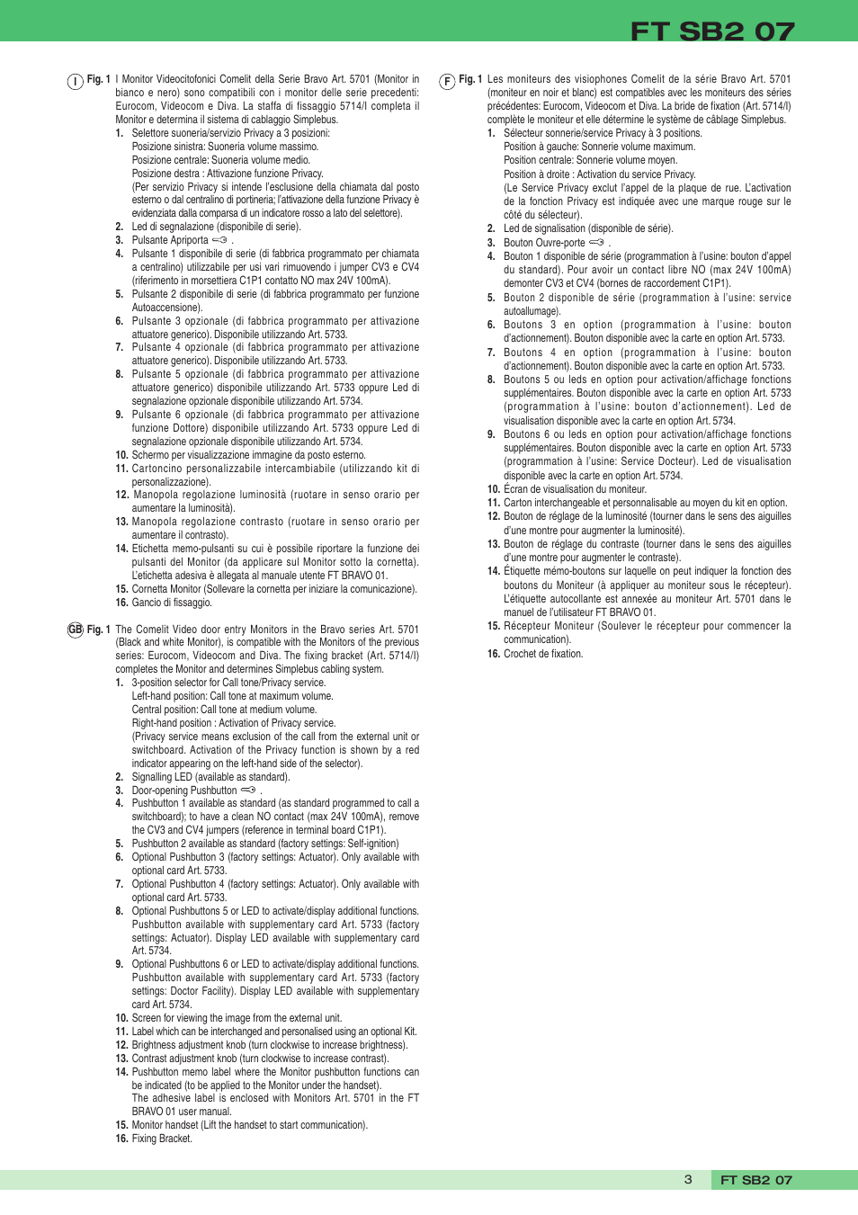 Ft sb2 07 | Comelit FT SB2 07 User Manual | Page 3 / 16