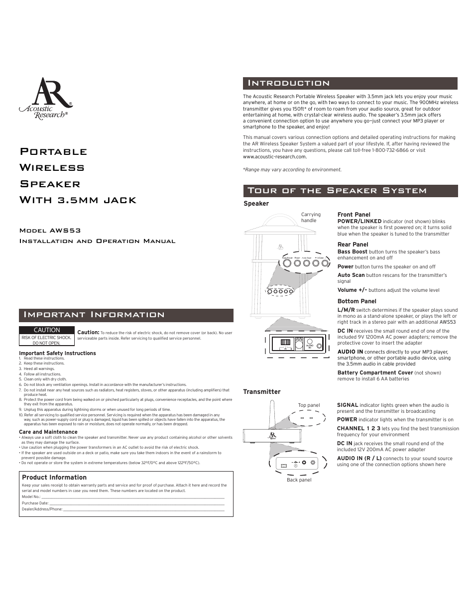 Acoustic Research AW553 User Manual | 4 pages