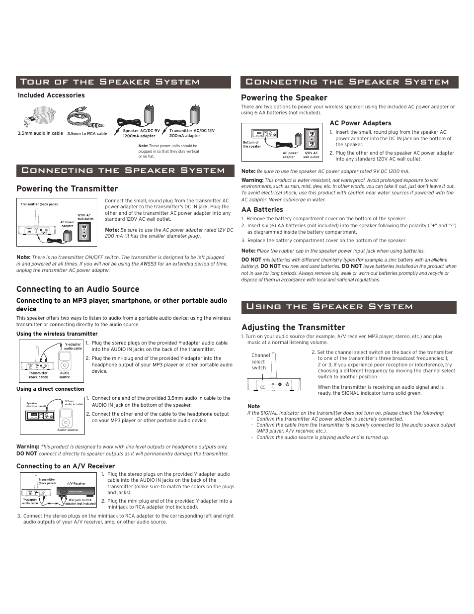 Wireless speaker w, Introduction, Important information | Tour of the speaker system, Connecting the speaker system, Ortable, Ith 3.5mm jack, Using the speaker system, Powering the transmitter, Connecting to an audio source | Acoustic Research AW553 User Manual | Page 2 / 4