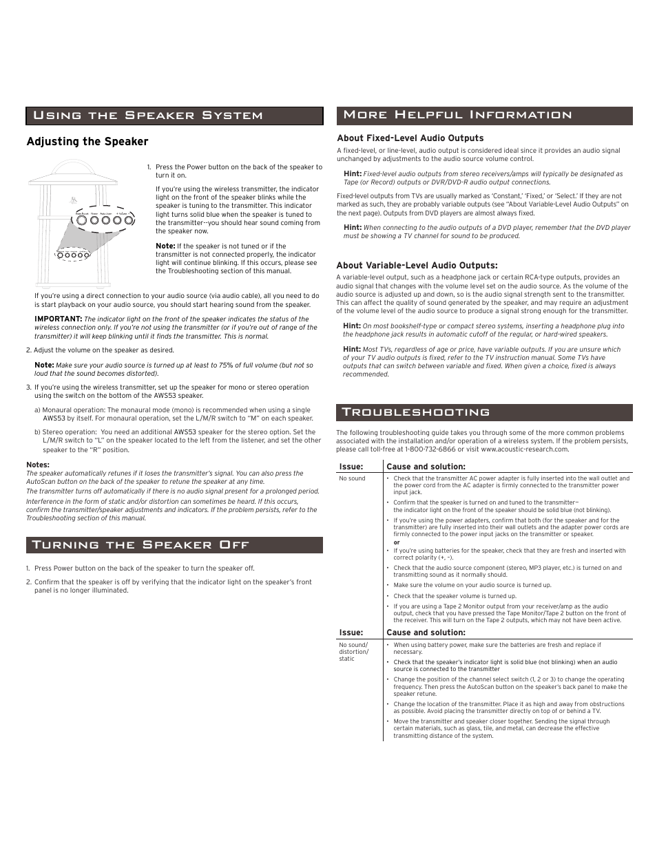 Troubleshooting, More helpful information, 12 month limited warranty specifications | Using the speaker system turning the speaker off, Adjusting the speaker | Acoustic Research AW553 User Manual | Page 3 / 4