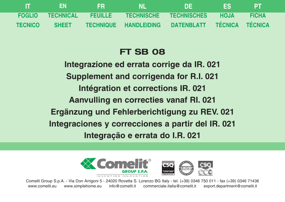 Comelit FT SB 08 INT User Manual | 60 pages