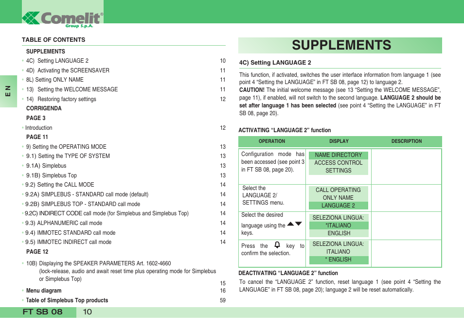 Supplements | Comelit FT SB 08 INT User Manual | Page 10 / 60