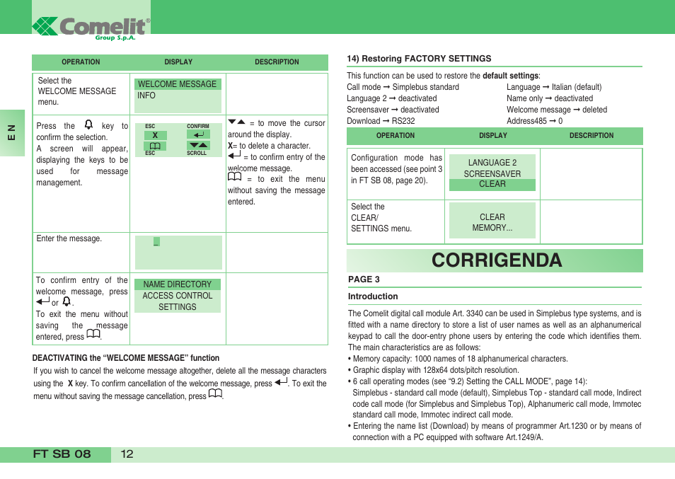 Corrigenda | Comelit FT SB 08 INT User Manual | Page 12 / 60