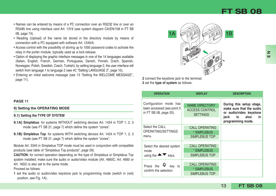 Ft sb 08, 1a 1b | Comelit FT SB 08 INT User Manual | Page 13 / 60