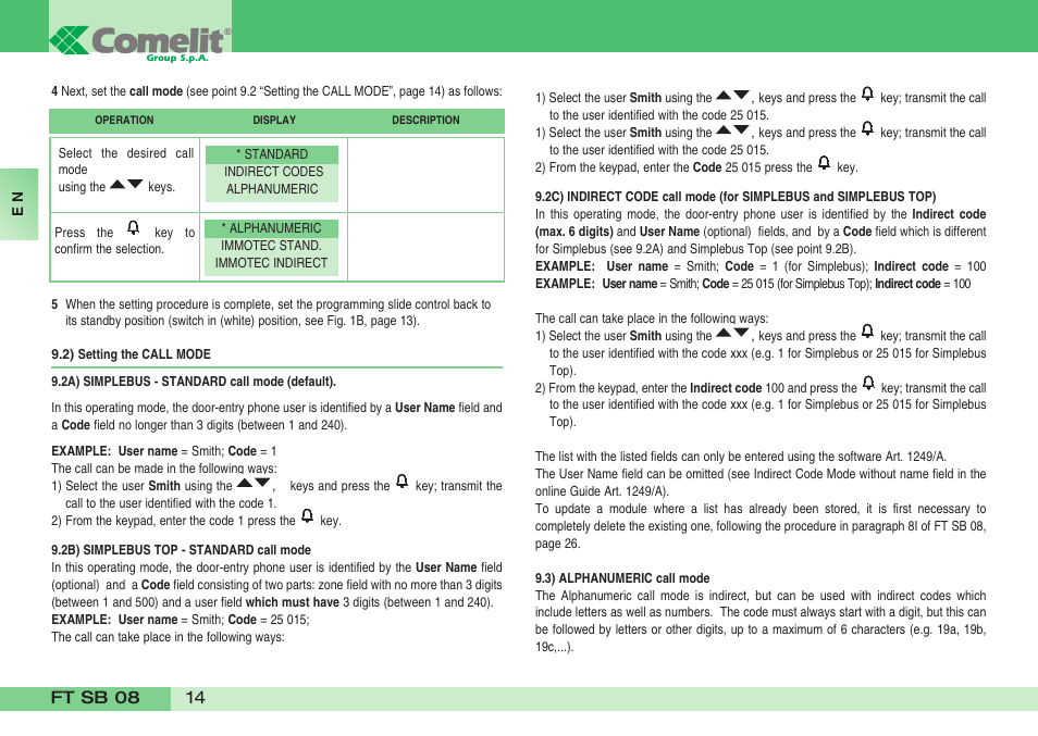 Comelit FT SB 08 INT User Manual | Page 14 / 60