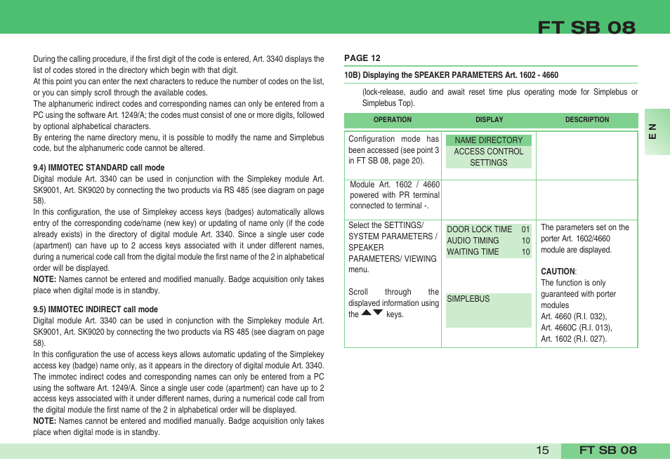 Ft sb 08 | Comelit FT SB 08 INT User Manual | Page 15 / 60