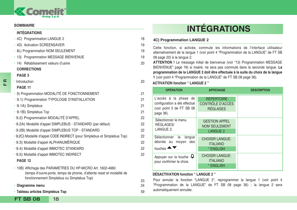 Intégrations | Comelit FT SB 08 INT User Manual | Page 18 / 60