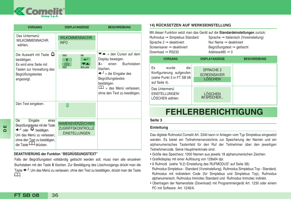 Fehlerberichtigung | Comelit FT SB 08 INT User Manual | Page 36 / 60