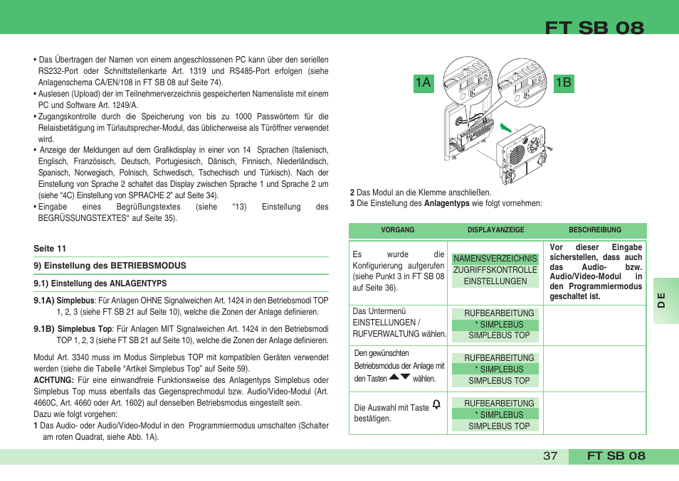 Ft sb 08, 1a 1b | Comelit FT SB 08 INT User Manual | Page 37 / 60