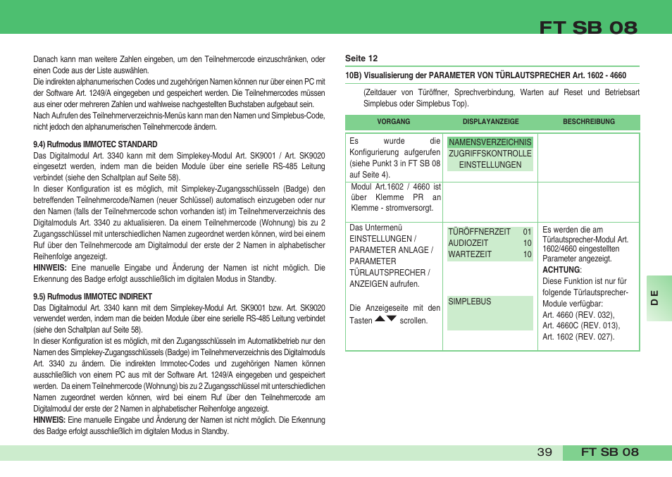 Ft sb 08 | Comelit FT SB 08 INT User Manual | Page 39 / 60