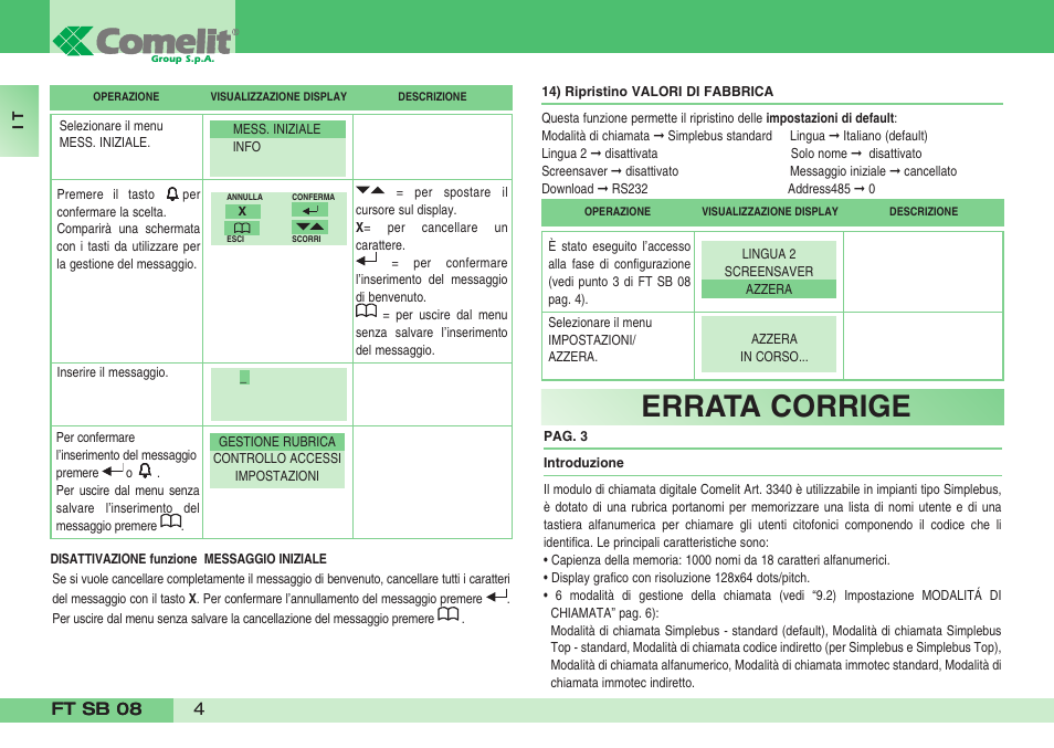 Errata corrige | Comelit FT SB 08 INT User Manual | Page 4 / 60