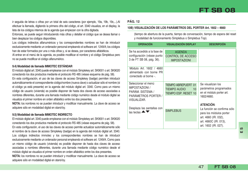 Ft sb 08 | Comelit FT SB 08 INT User Manual | Page 47 / 60