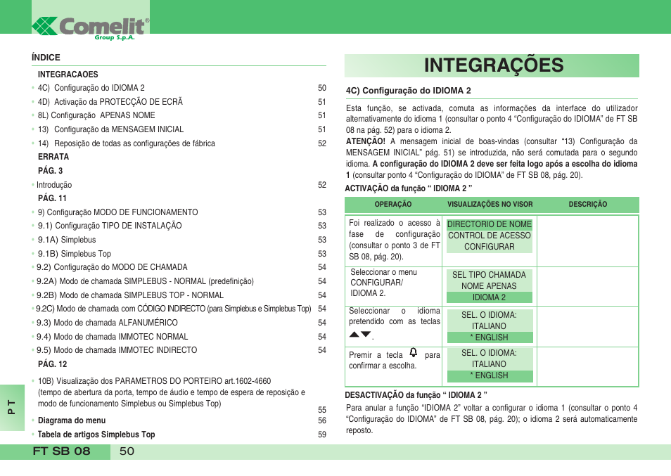 Integrações | Comelit FT SB 08 INT User Manual | Page 50 / 60