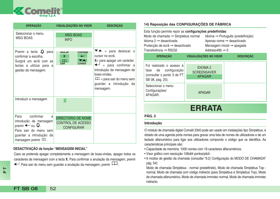 Errata | Comelit FT SB 08 INT User Manual | Page 52 / 60