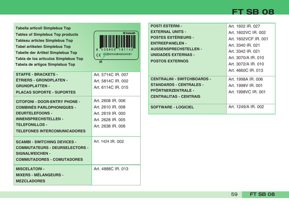 Ft sb 08 | Comelit FT SB 08 INT User Manual | Page 59 / 60