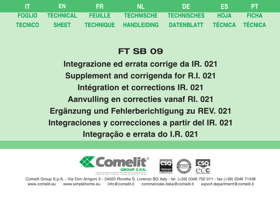 Comelit FT SB 09 INT User Manual | 60 pages