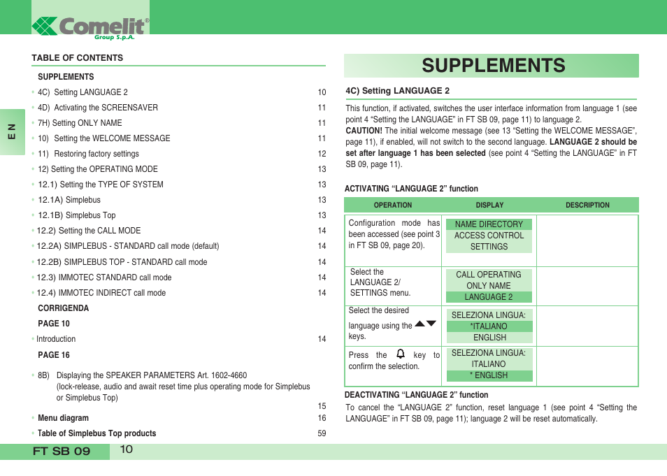 Supplements | Comelit FT SB 09 INT User Manual | Page 10 / 60