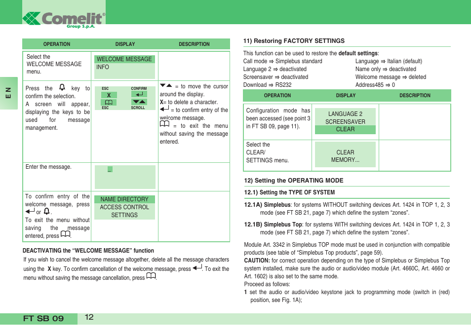 Comelit FT SB 09 INT User Manual | Page 12 / 60