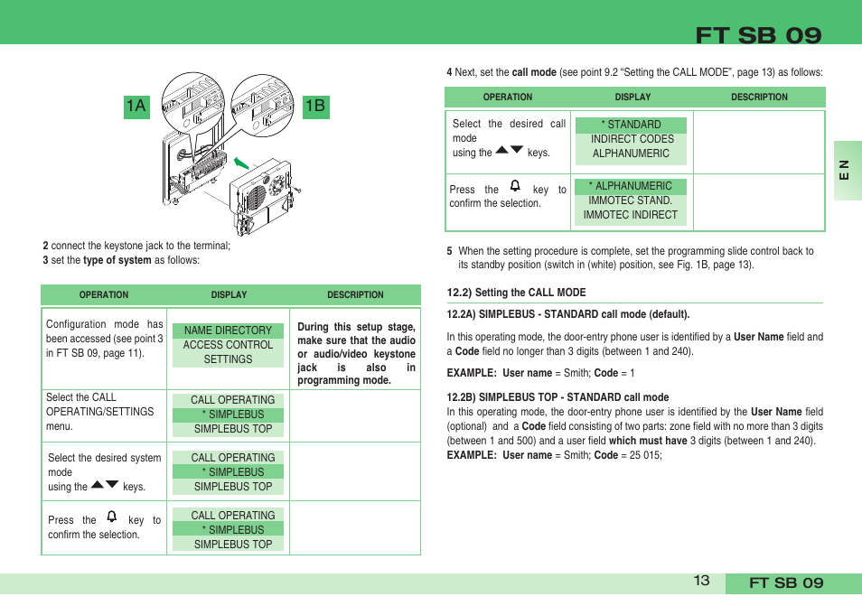 Ft sb 09, 1a 1b | Comelit FT SB 09 INT User Manual | Page 13 / 60