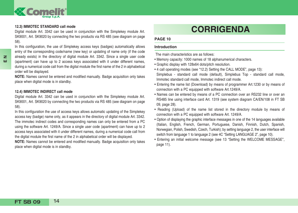 Corrigenda | Comelit FT SB 09 INT User Manual | Page 14 / 60