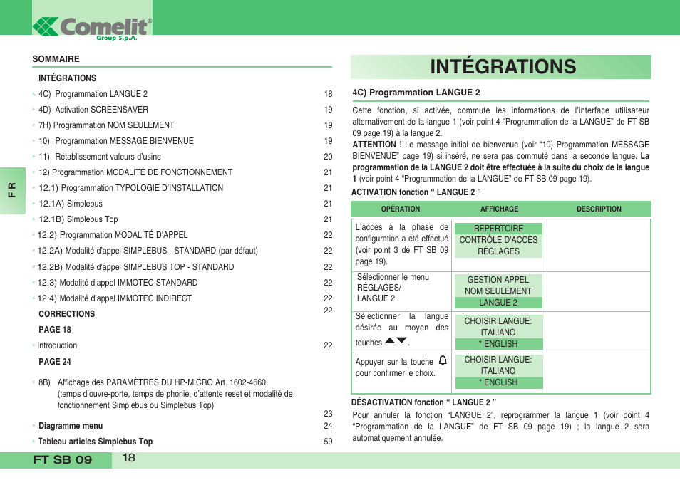 Intégrations | Comelit FT SB 09 INT User Manual | Page 18 / 60