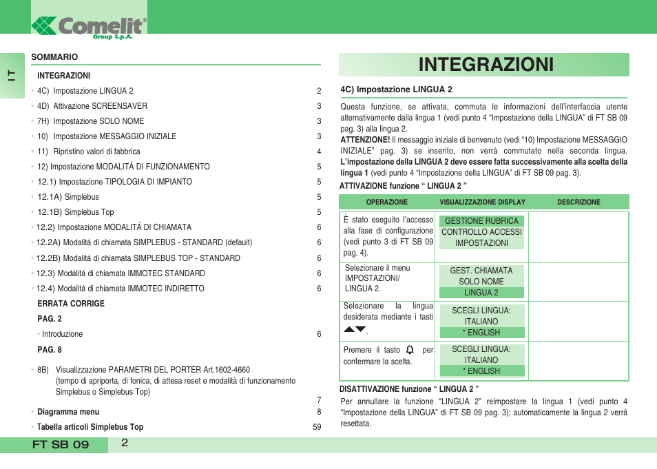 Integrazioni | Comelit FT SB 09 INT User Manual | Page 2 / 60