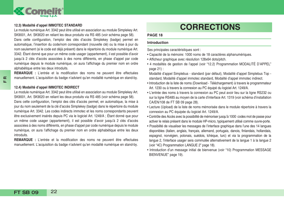 Corrections | Comelit FT SB 09 INT User Manual | Page 22 / 60