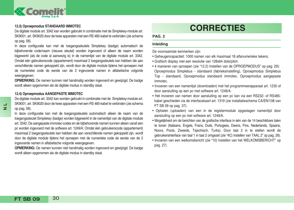 Correcties | Comelit FT SB 09 INT User Manual | Page 30 / 60