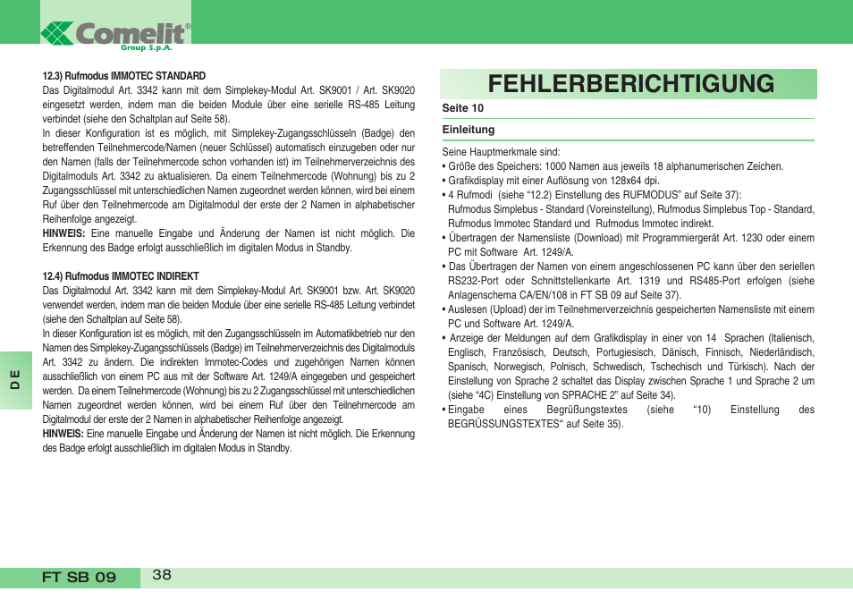 Fehlerberichtigung | Comelit FT SB 09 INT User Manual | Page 38 / 60