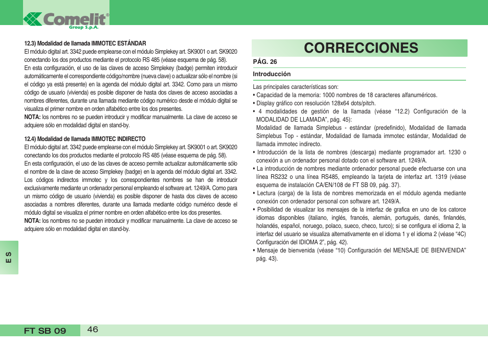 Correcciones | Comelit FT SB 09 INT User Manual | Page 46 / 60