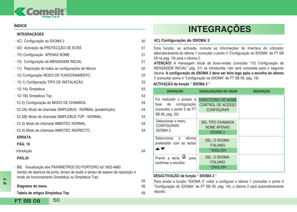 Integrações | Comelit FT SB 09 INT User Manual | Page 50 / 60