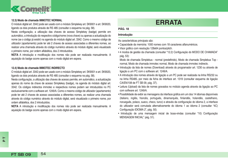 Errata | Comelit FT SB 09 INT User Manual | Page 54 / 60