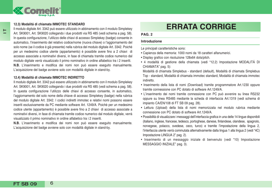 Errata corrige | Comelit FT SB 09 INT User Manual | Page 6 / 60