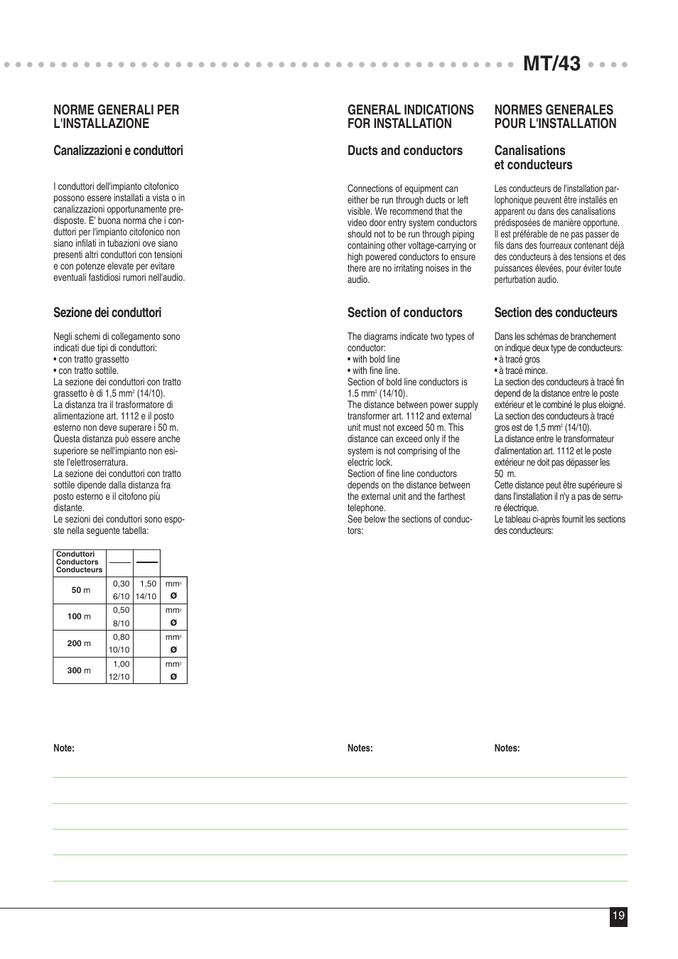 Mt/43, Sezione dei conduttori | Comelit MT 43 User Manual | Page 20 / 42