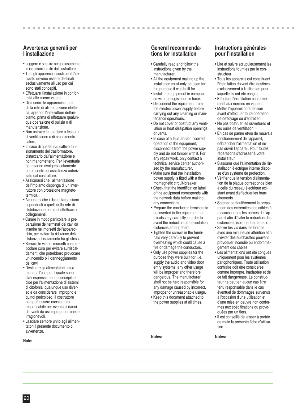 Avvertenze generali per l'installazione, General recommenda- tions for installation, Instructions générales pour l'installation | Comelit MT 43 User Manual | Page 21 / 42