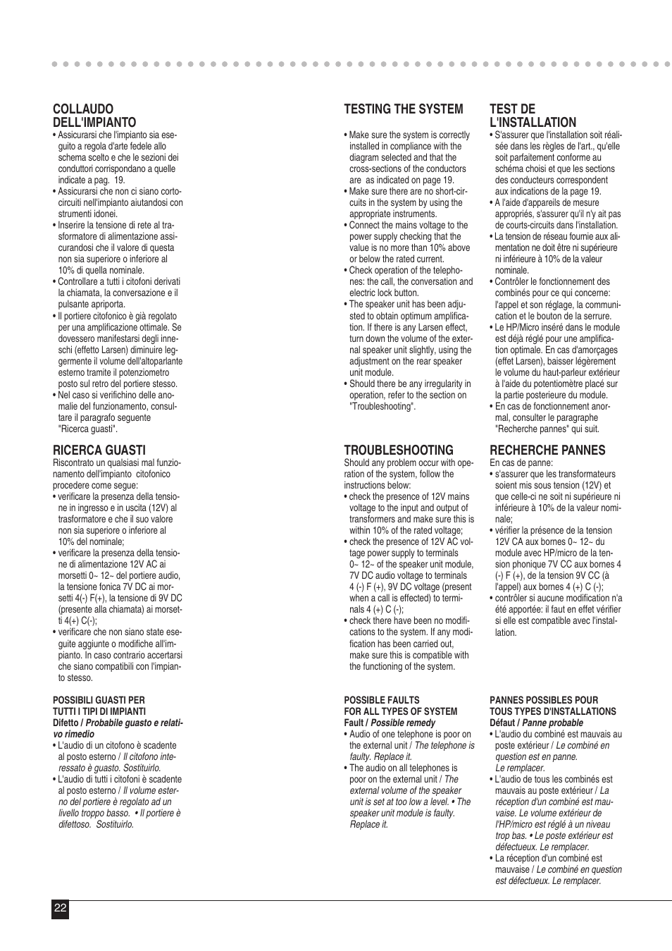 Collaudo dell'impianto, Ricerca guasti, Testing the system | Troubleshooting, Test de l'installation, Recherche pannes | Comelit MT 43 User Manual | Page 23 / 42