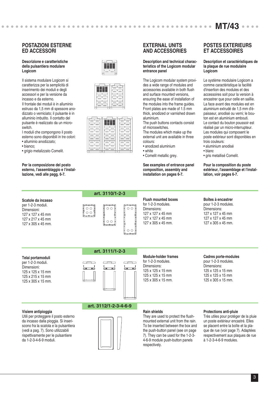 Mt/43, Postazioni esterne ed accessori, External units and accessories | Postes exterieurs et accessoires | Comelit MT 43 User Manual | Page 4 / 42