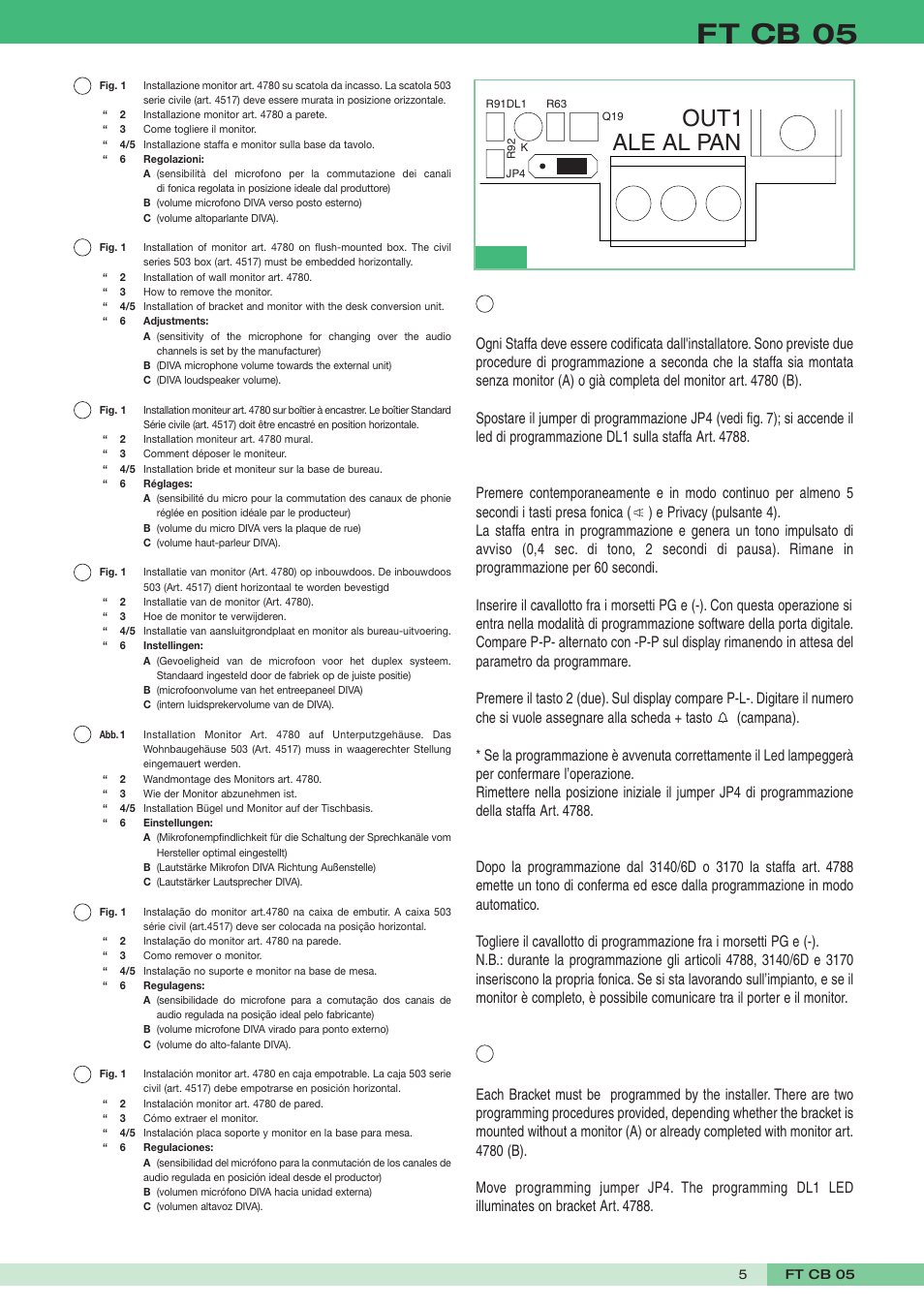 Ft cb 05, Ale al pan out1, Programmazione staffa art. 4788 | Programming bracket art. 4788 | Comelit FT CB 05 User Manual | Page 5 / 12