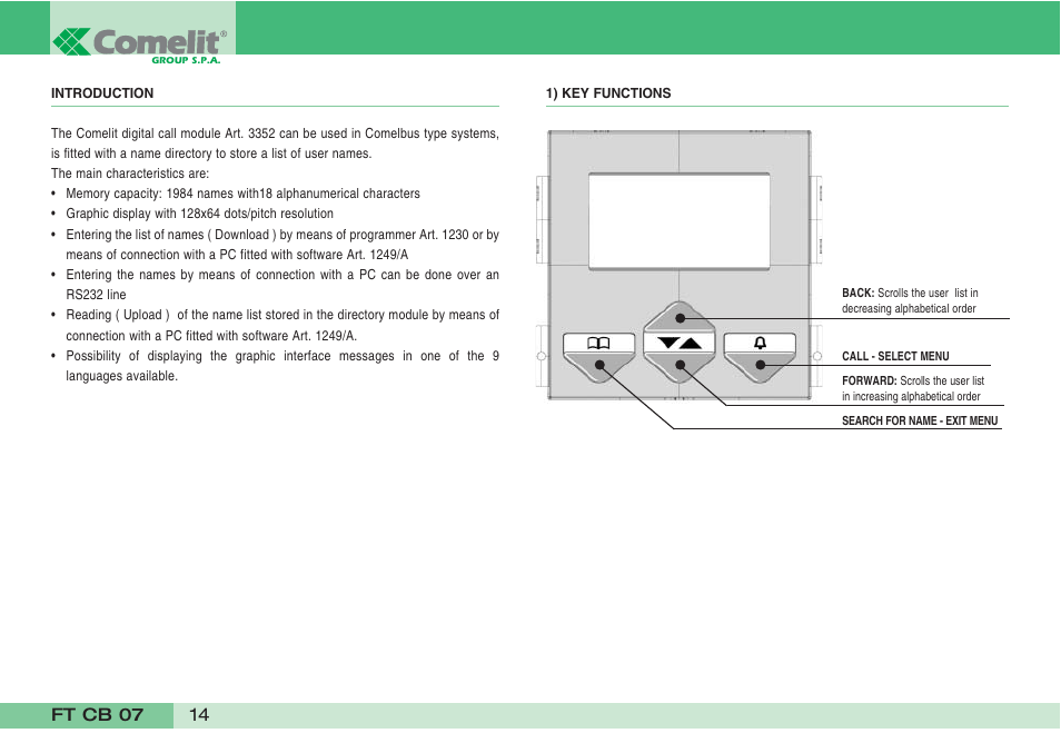 Comelit FT CB 07 User Manual | Page 16 / 44