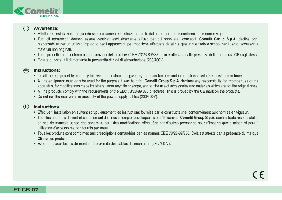 Comelit FT CB 07 User Manual | Page 2 / 44