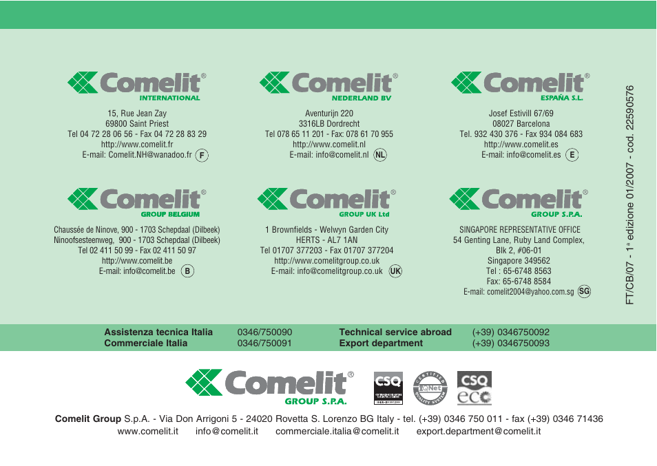 Comelit FT CB 07 User Manual | Page 44 / 44