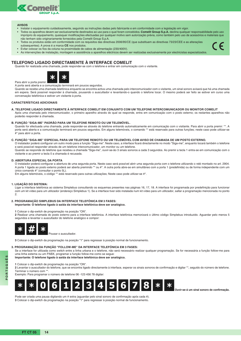 Telefono ligado directamente à interface comelit | Comelit FT CT 05 User Manual | Page 14 / 20