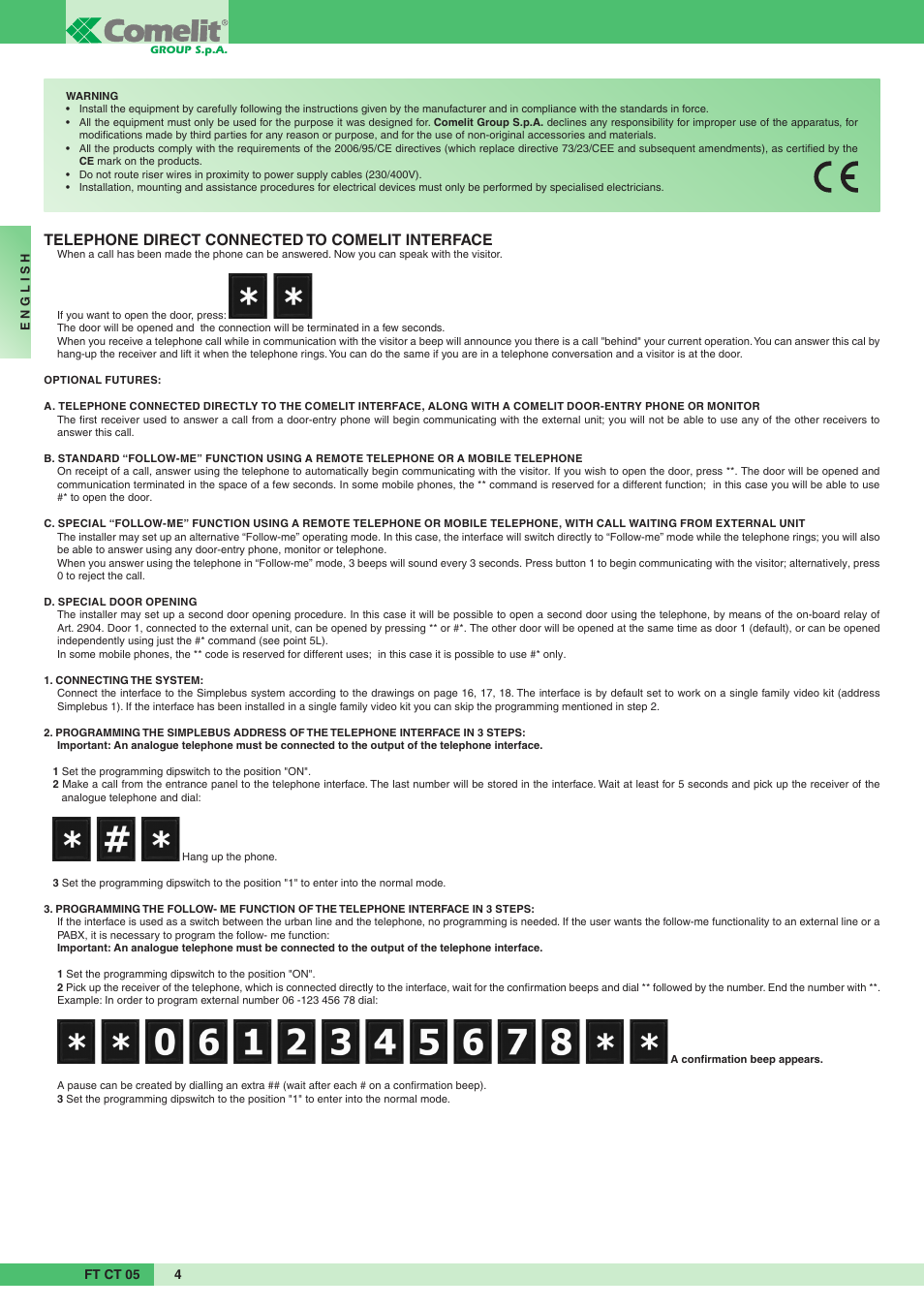 Telephone direct connected to comelit interface | Comelit FT CT 05 User Manual | Page 4 / 20