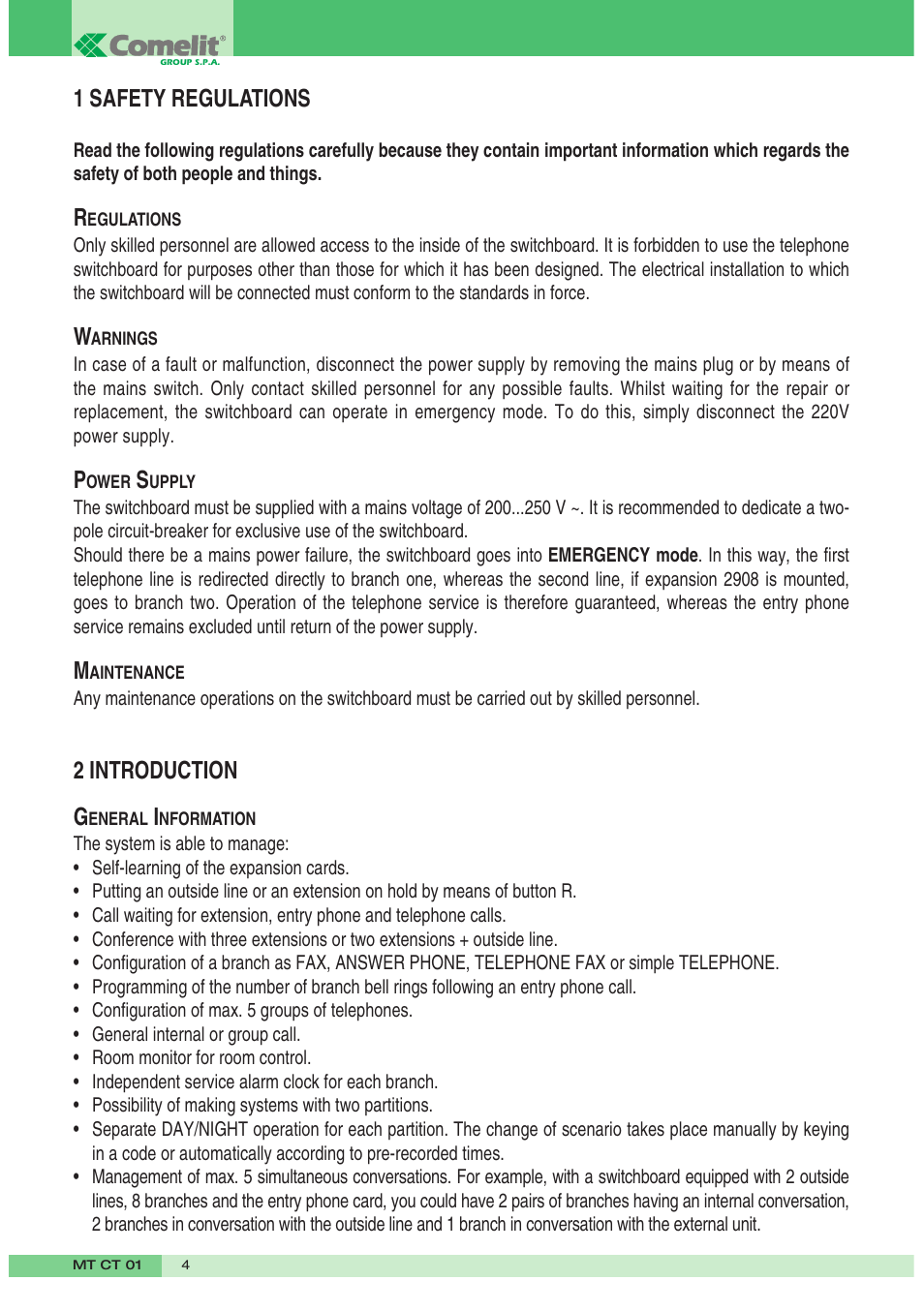 1 safety regulations, 2 introduction g | Comelit MT CT 01 User Manual | Page 5 / 86