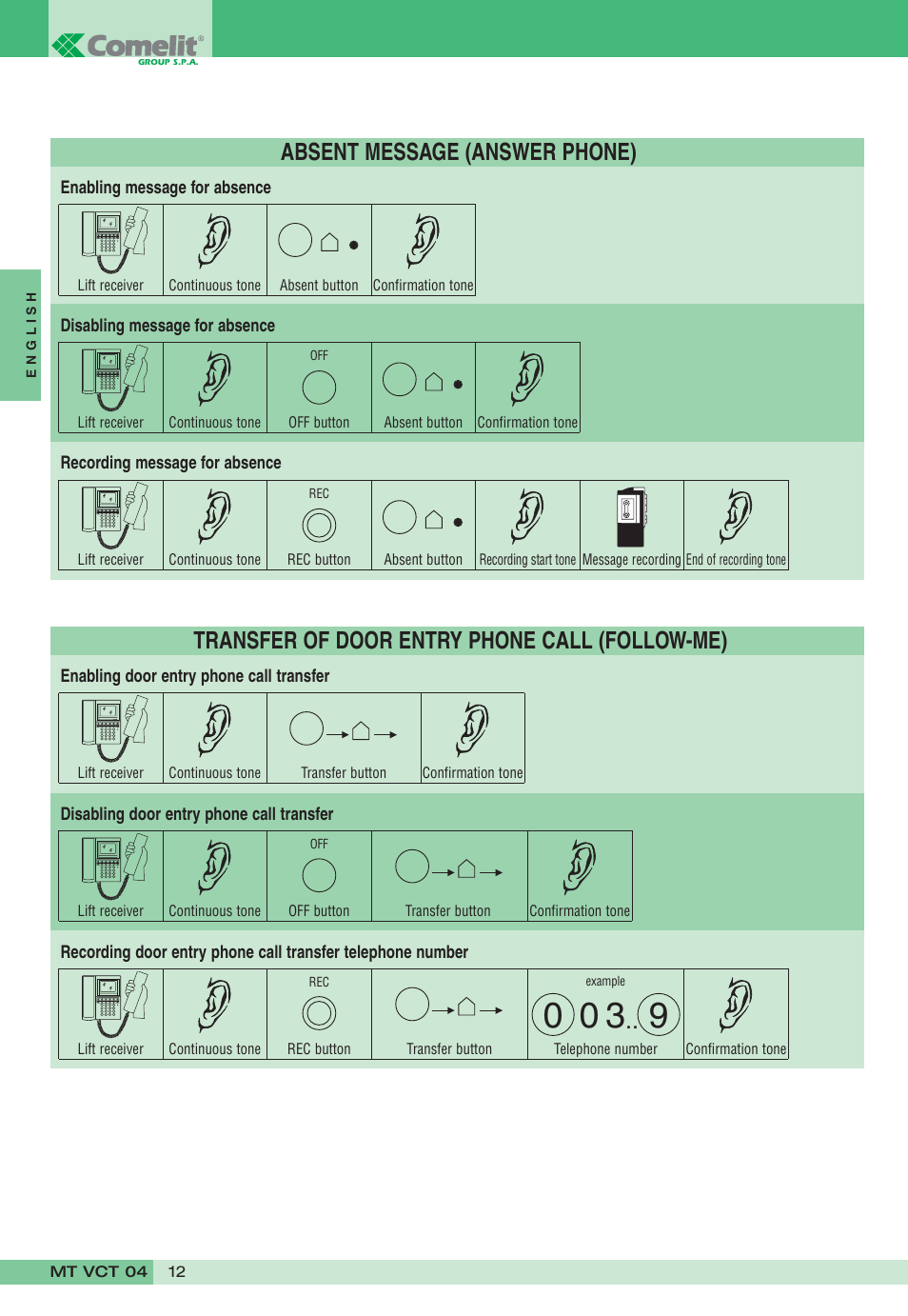 Transfer of door entry phone call (follow-me), Absent message (answer phone) | Comelit MT VCT 04 User Manual | Page 12 / 32