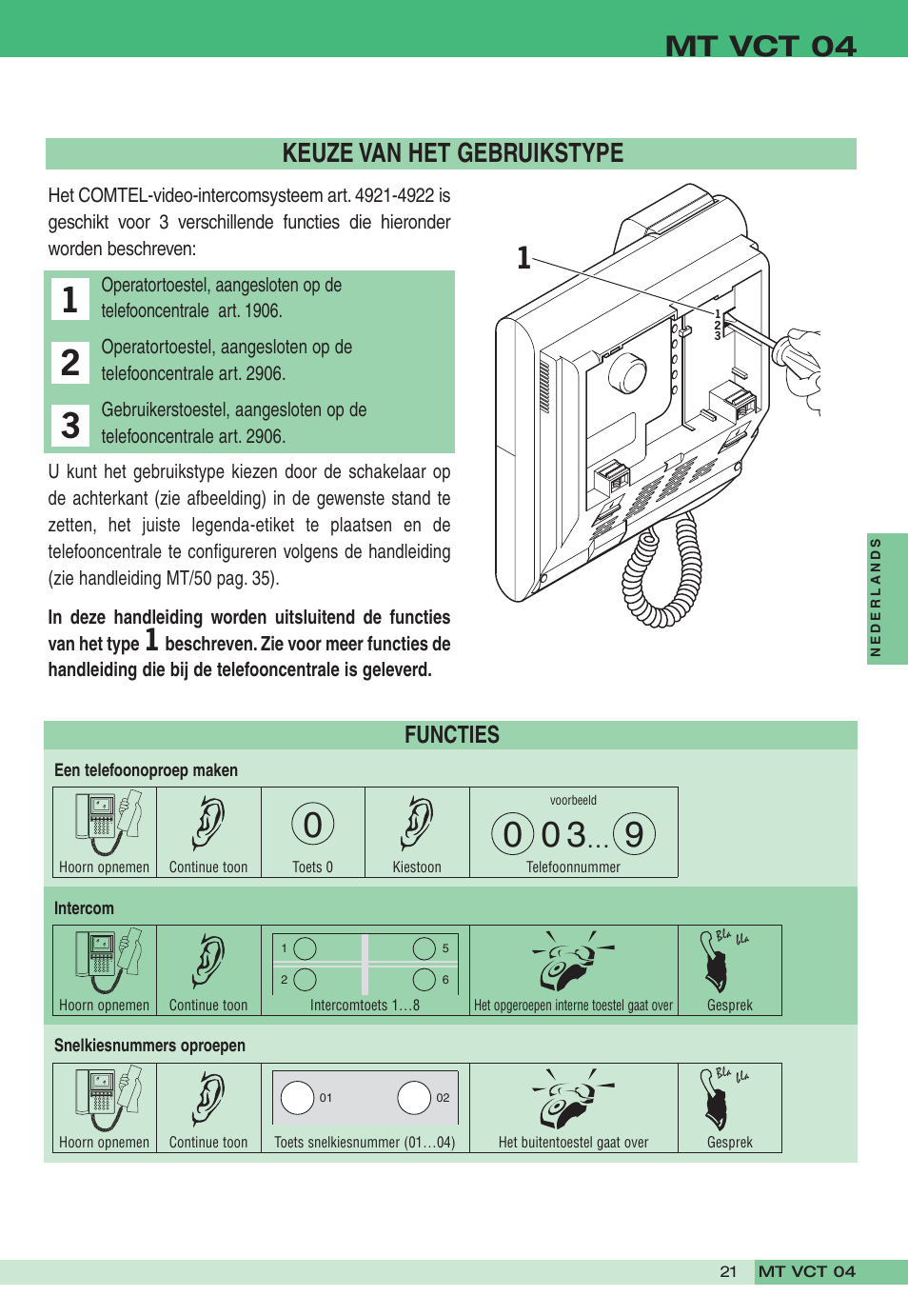 Mt vct 04, Keuze van het gebruikstype, Functies | Comelit MT VCT 04 User Manual | Page 21 / 32