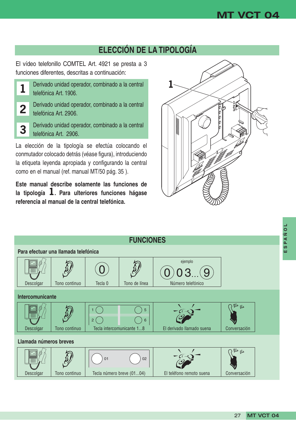 Mt vct 04, Elección de la tipología, Funciones | Comelit MT VCT 04 User Manual | Page 27 / 32