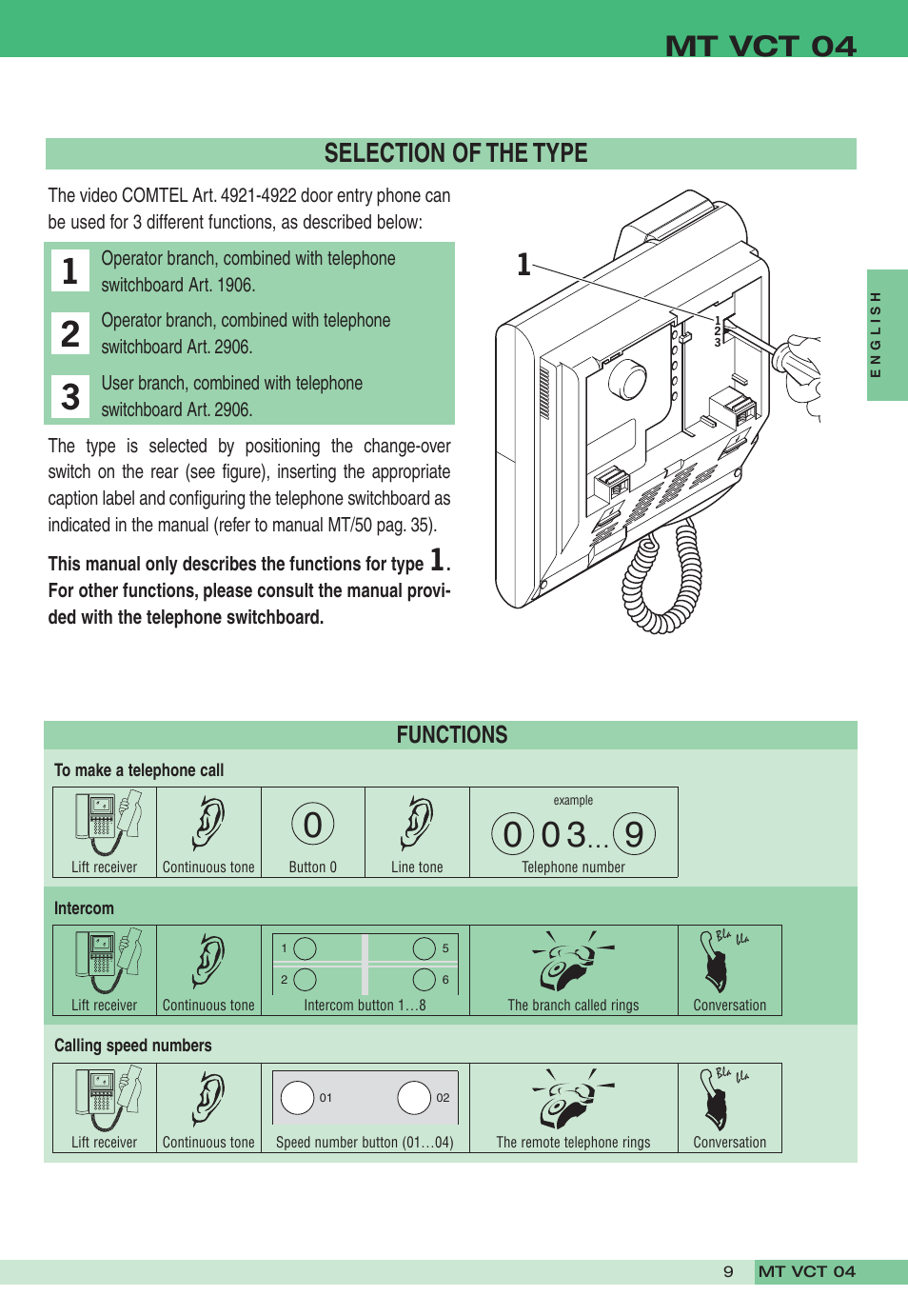 Mt vct 04, Selection of the type, Functions | Comelit MT VCT 04 User Manual | Page 9 / 32